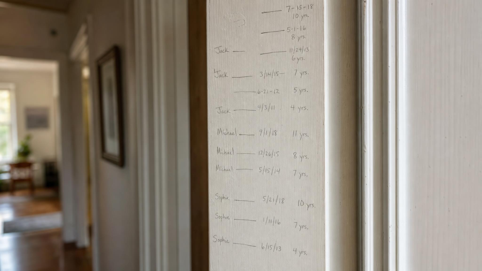 Faded pencil marks on a door frame recording children's heights over many years