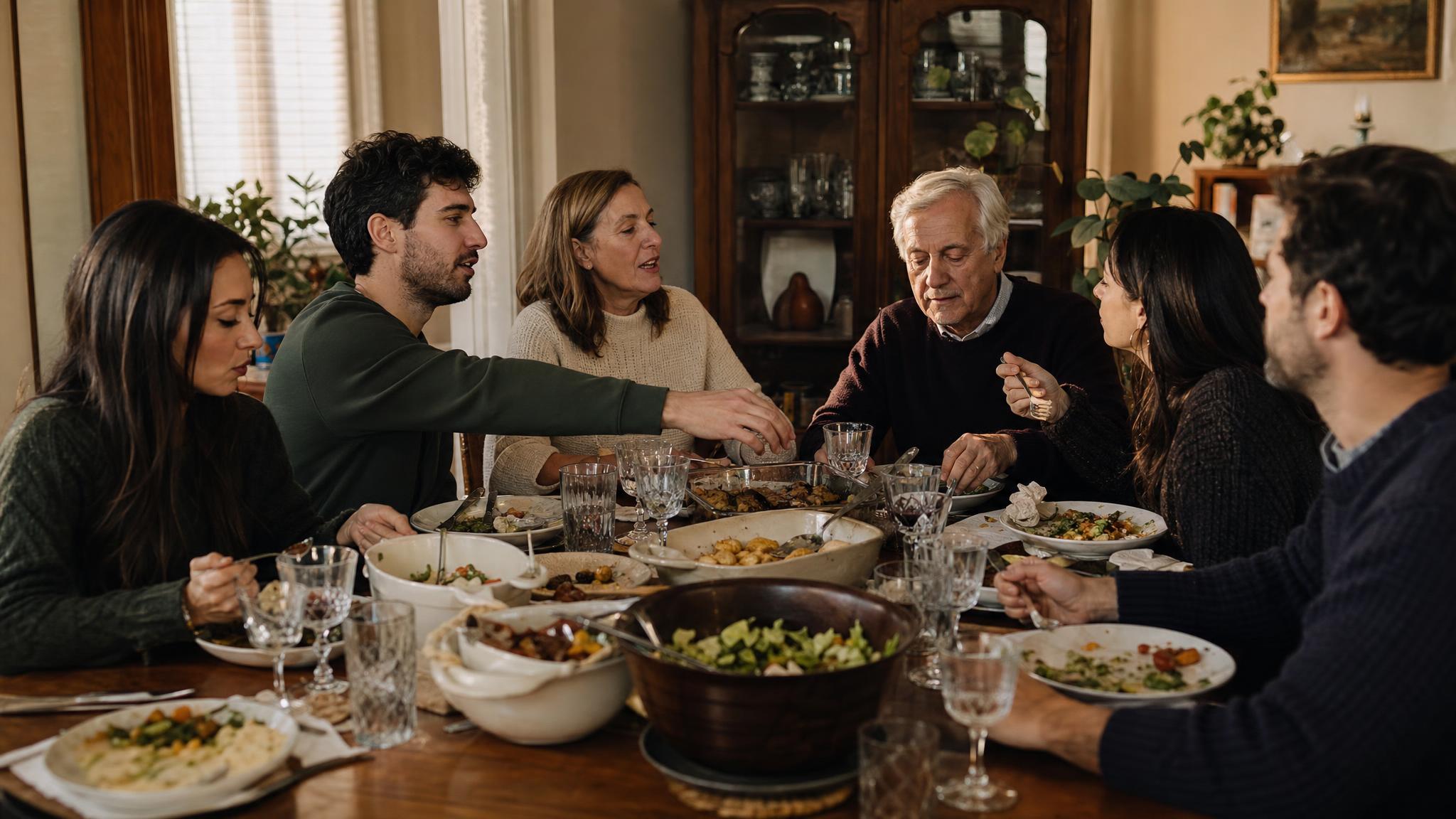 A multigenerational family sharing a relaxed meal around a dining table at home