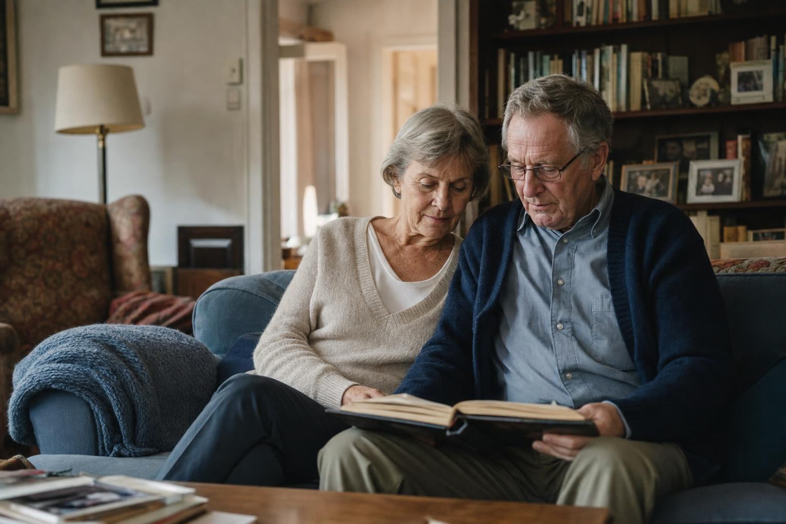 An older couple sitting together in the lived-in living room of their long-held family home
