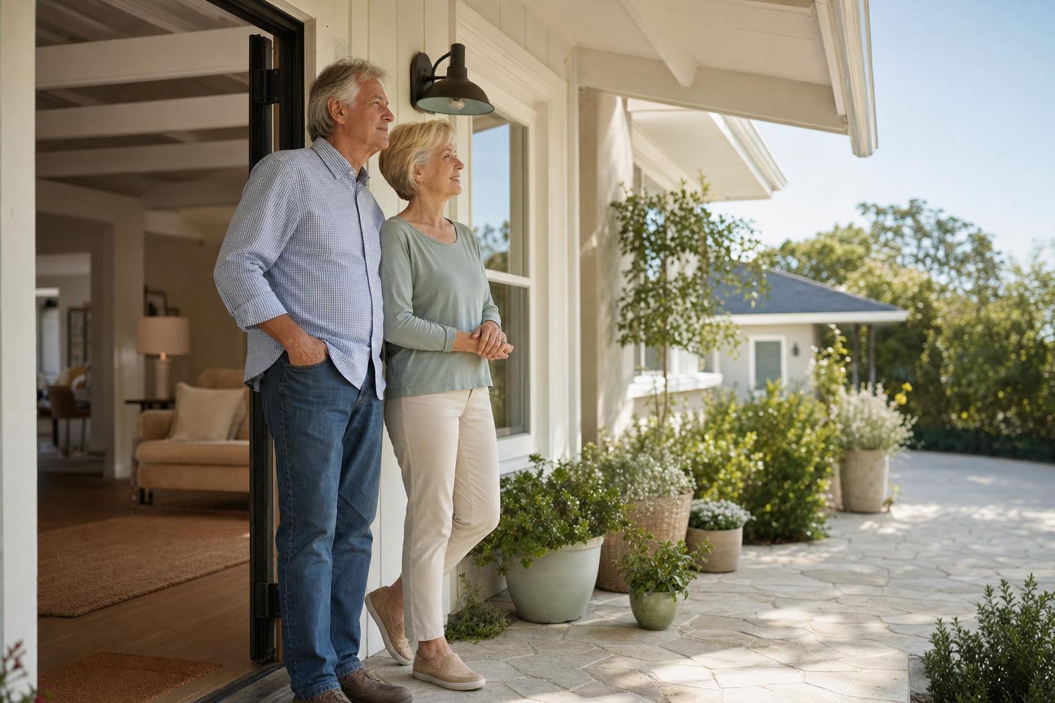 An older couple enjoying the patio of a smaller single-level home