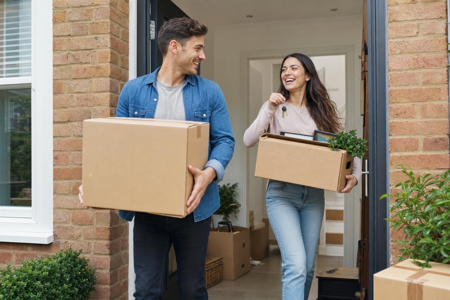 A young couple carrying moving boxes into their first townhome